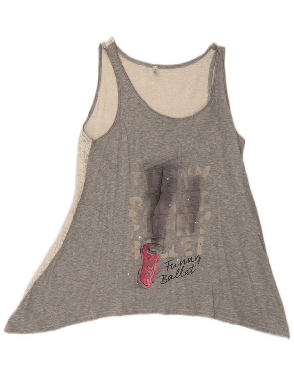 Benetton Dame Asymmetrisk Grafisk Vest Top UK 10 Small Grey Floral Bomuld