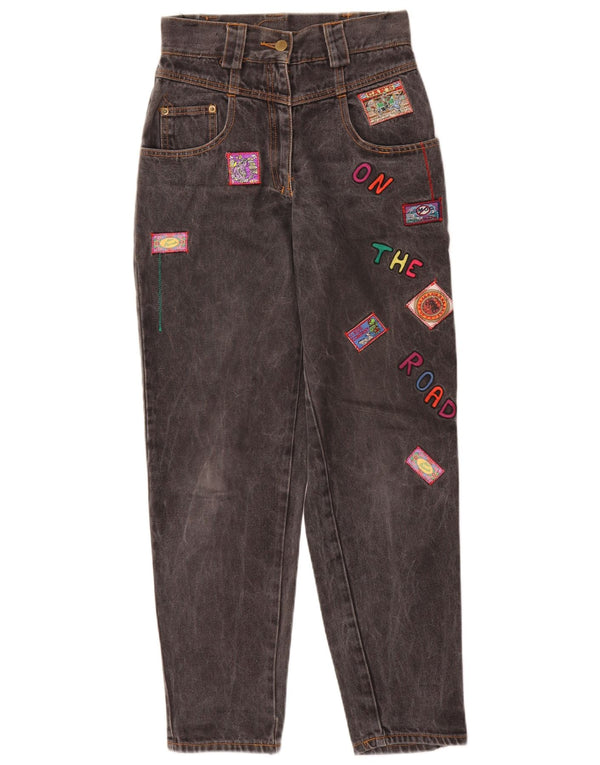 Vintage kvinders grafiske højtaljede koniske jeans W26 L30 grå bomuld
