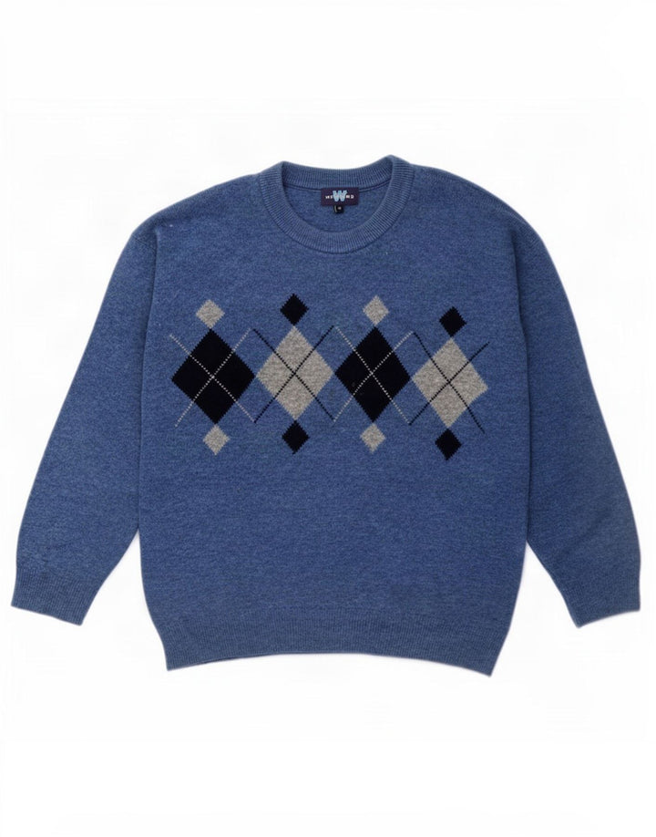 Weekend Herre Crew Neck Jumper Sweater Medium Blue Argyle/Diamond Wool