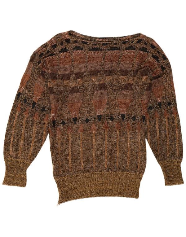 Vintage Dame Boat Neck Jumper Sweater EU 36 Small Brown Geometric Retro
