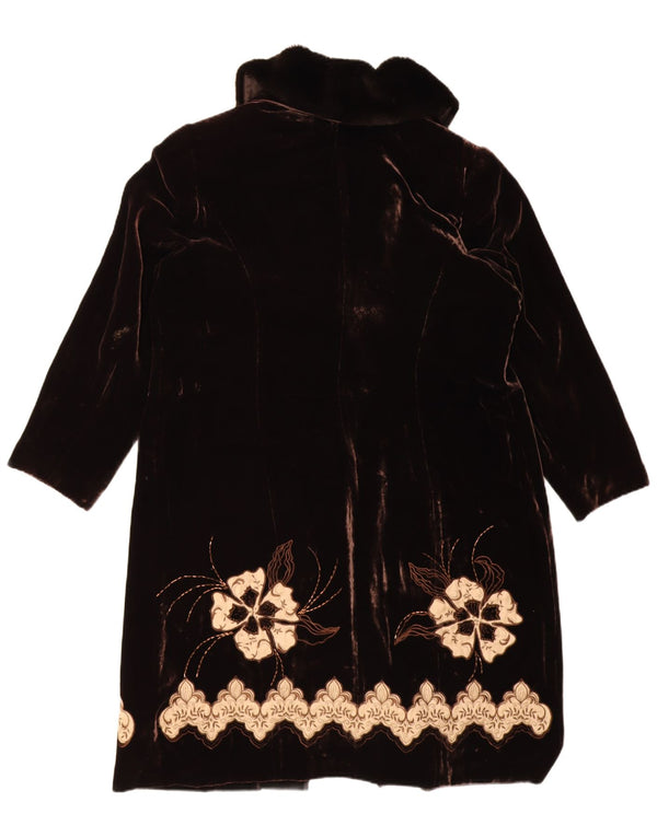 Ann Harvey Womens Velvet Overcoat UK 16 Large Brown Floral
