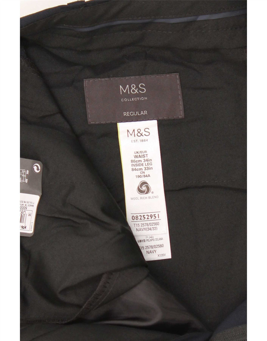 Marks & Spencer Herre Regular Suit Bukser W34 L33 Marineblå Uld