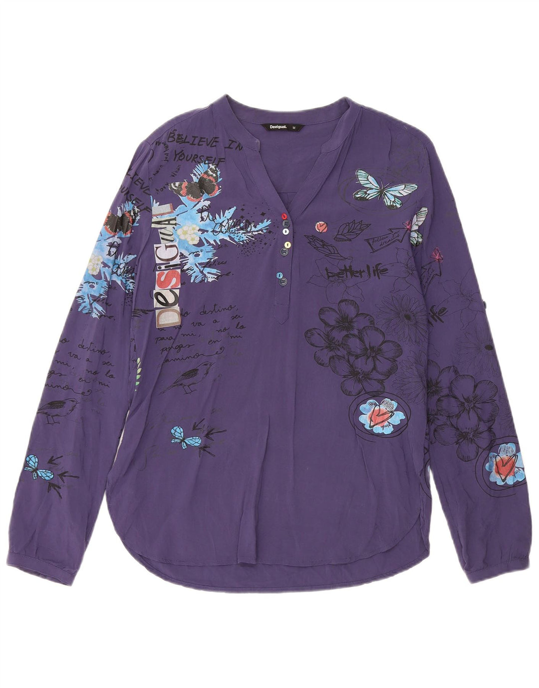 Desigual Dame Pullover Shirt UK 14 Medium Navy Blue Floral Viscose