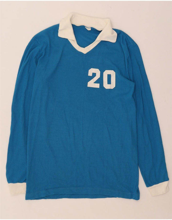 Vintage Herre grafisk langærmet Rugby Polo Shirt Medium Blue