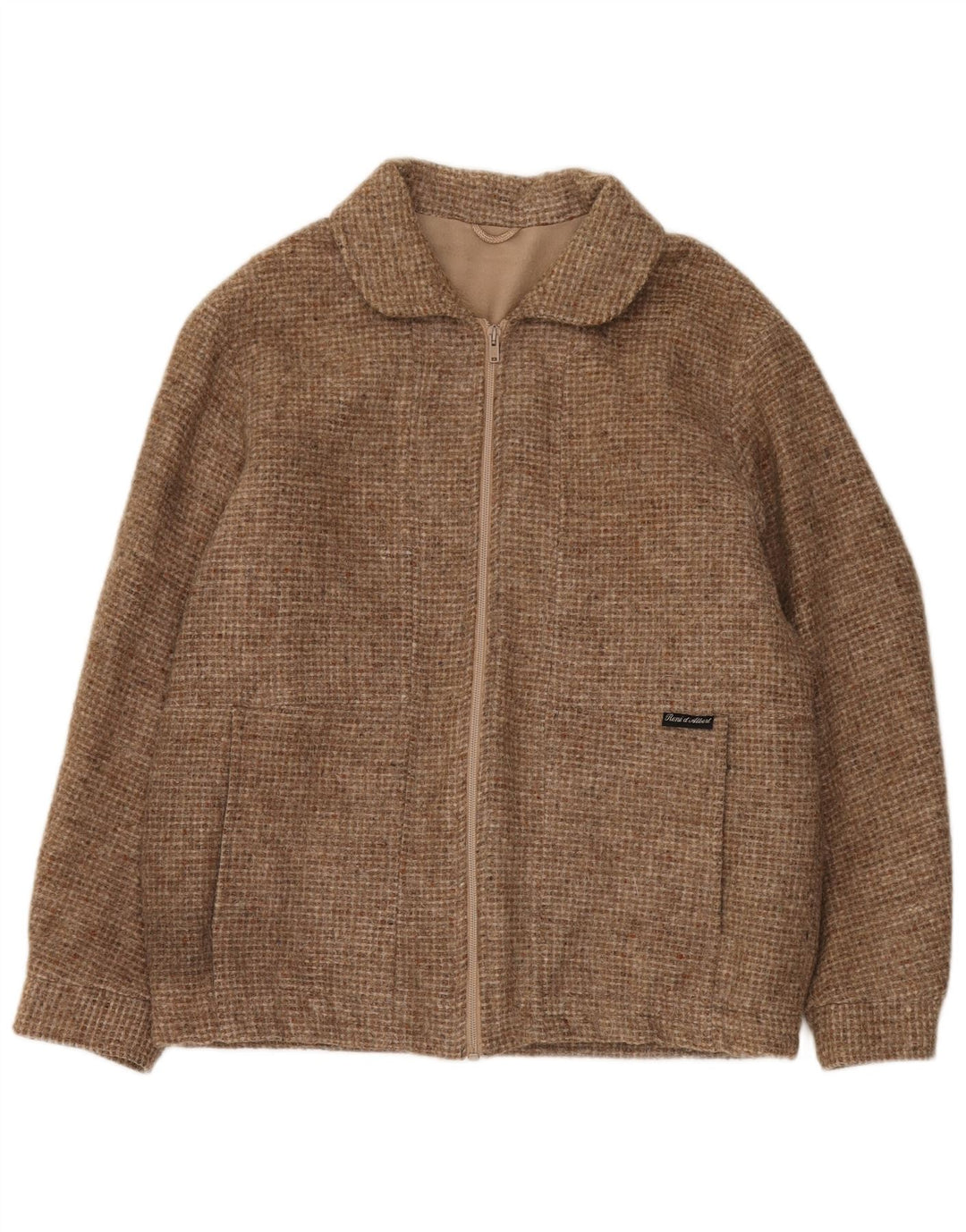 Vintage strik bomberjakke til mænd EU 50 Large Brown Flecked Wool