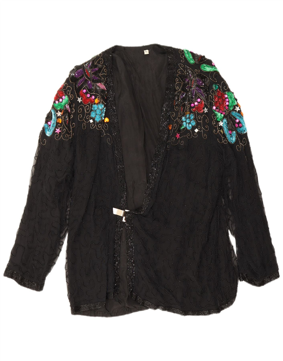 Vintage Dame Aften Blazer Jacket UK 16 Large Black Floral Silke