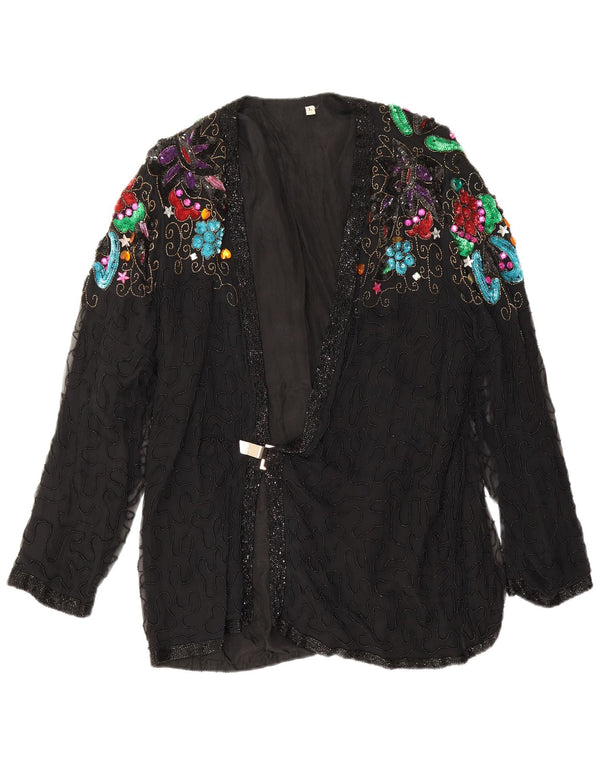 Vintage Dame Aften Blazer Jacket UK 16 Large Black Floral Silke