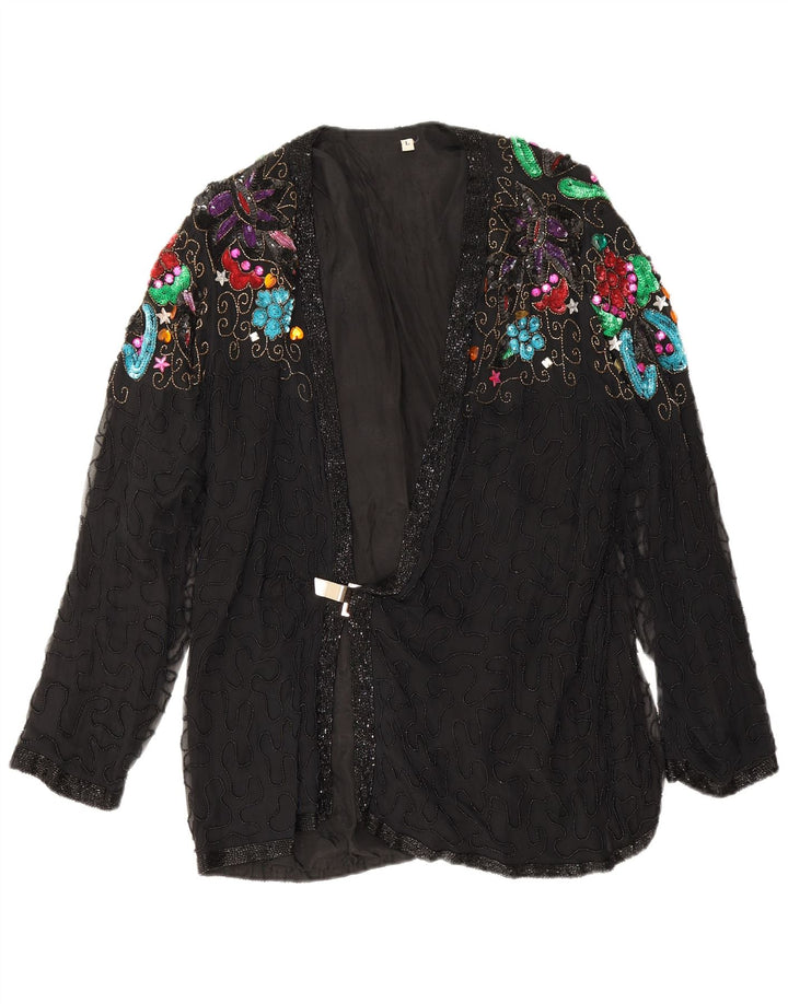 Vintage Dame Aften Blazer Jacket UK 16 Large Black Floral Silke