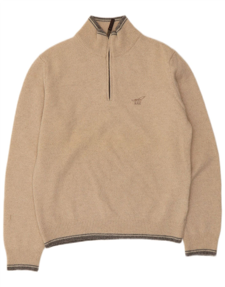 Henry Cottons Herre Zip Neck Jumper Sweater Medium Beige Stribet Virgin Wool