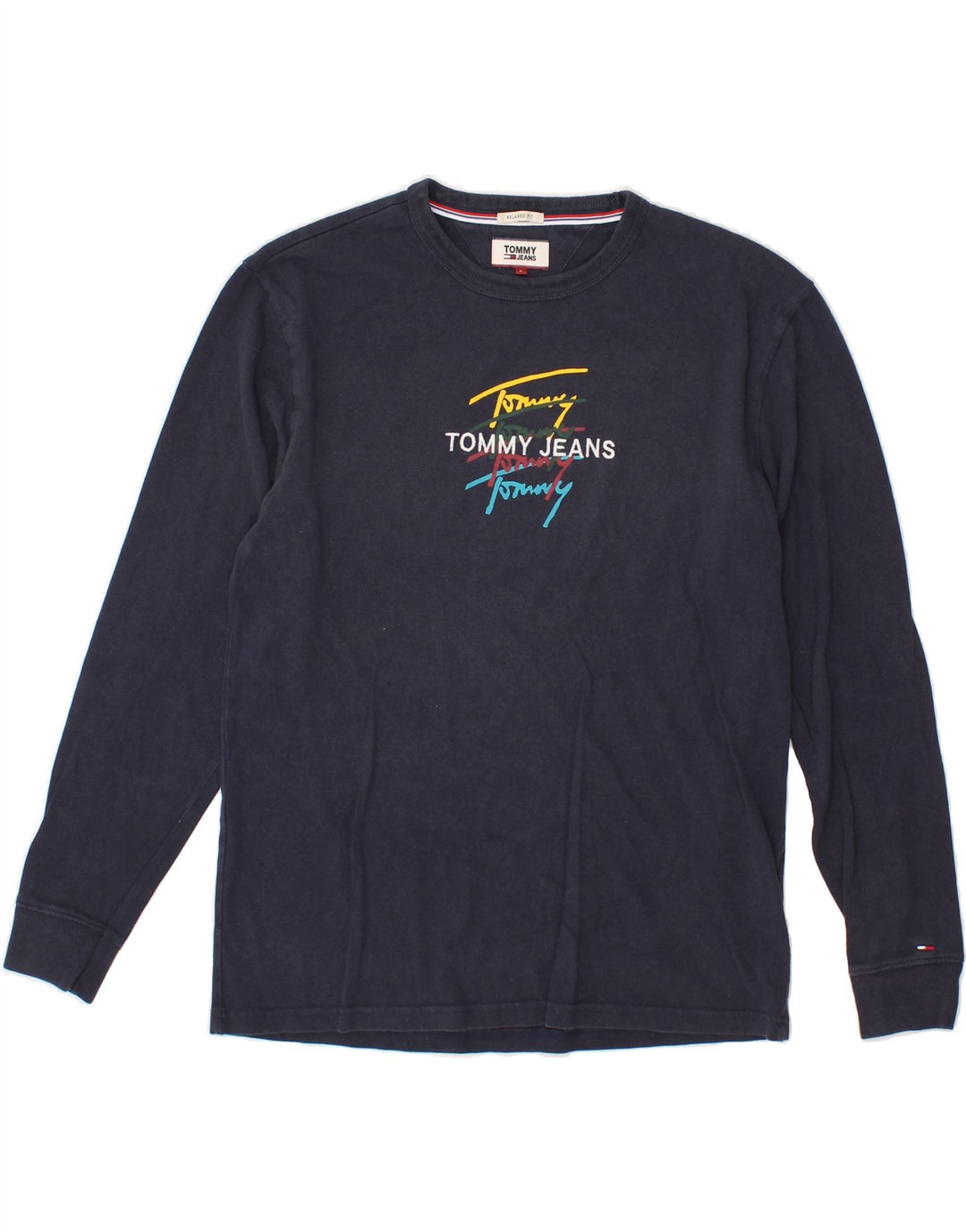 TOMMY HILFIGER Mens Relaxed Fit Graphic Top Long Sleeve Small Navy Blue Vintage Tommy Hilfiger and Second-Hand Tommy Hilfiger from Messina Hembry 