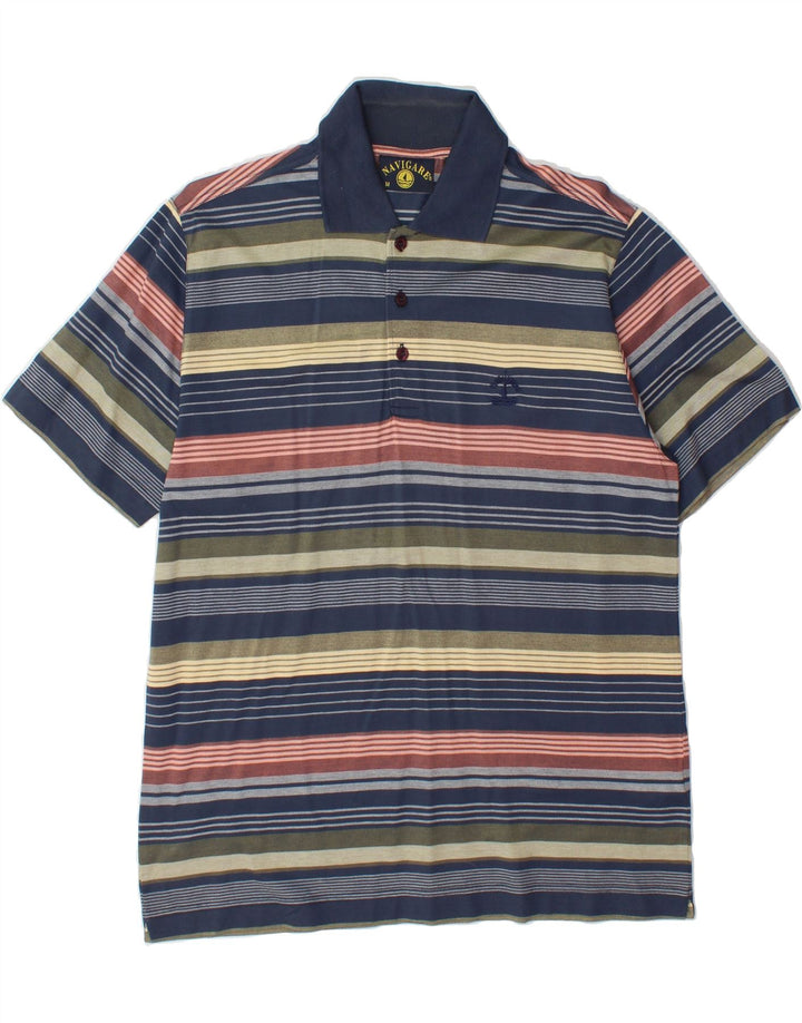NAVIGARE Mens Polo Shirt Medium Navy Blue Striped Cotton Vintage Navigare and Second-Hand Navigare from Messina Hembry 