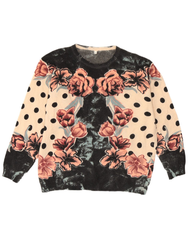 Vintage dame sweater med rund hals IT 46 store beige blomsteruld
