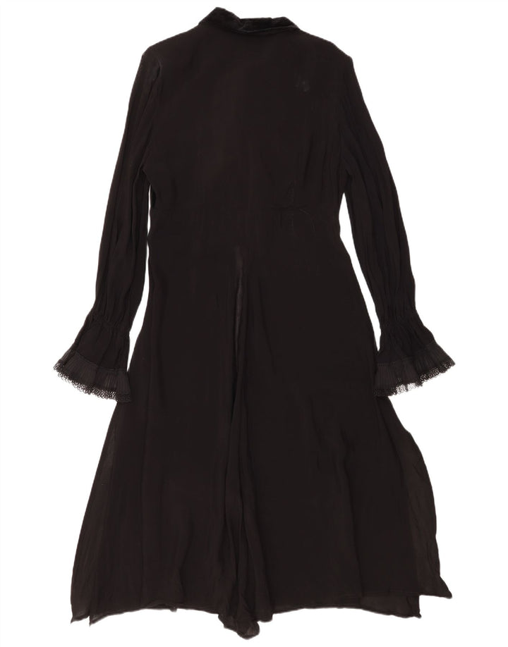 Vintage Dame Langærmet Flæse Front Maxi Kjole IT 44 Medium Sort