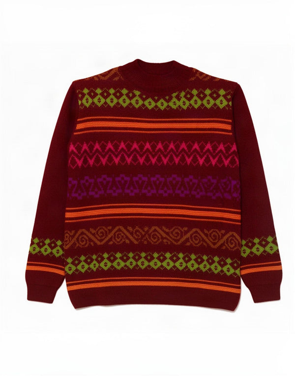 Benetton Dame Turtle Neck Jumper Sweater UK 16 Large Burgundy Fair Isle