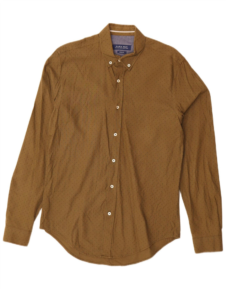 Zara Herre Slim Fit skjorte Medium Khaki plettet bomuld
