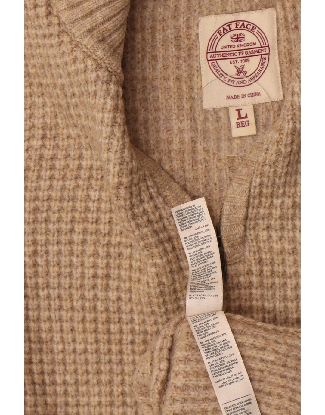 Fat Face Herre Zip Neck Jumper Sweater Stor Beige Akryl