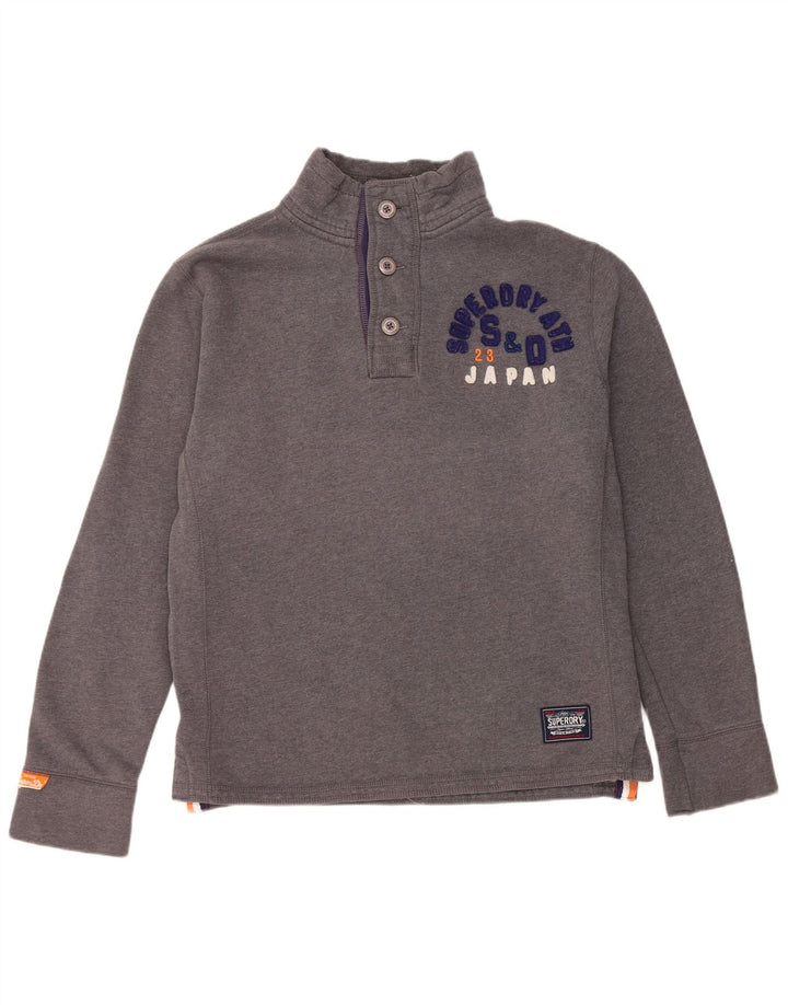 Superdry Herre Grafisk Button Neck Sweatshirt Jumper Stor Grå Bomuld