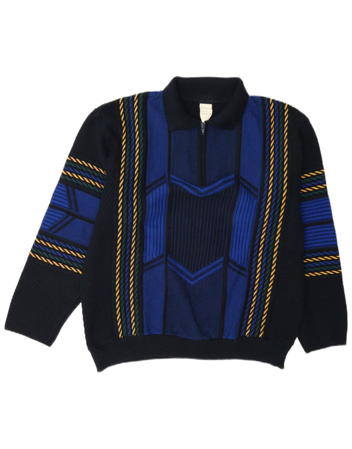 Vintage herre polo hals sweater mellem marineblå stribet polyakryl