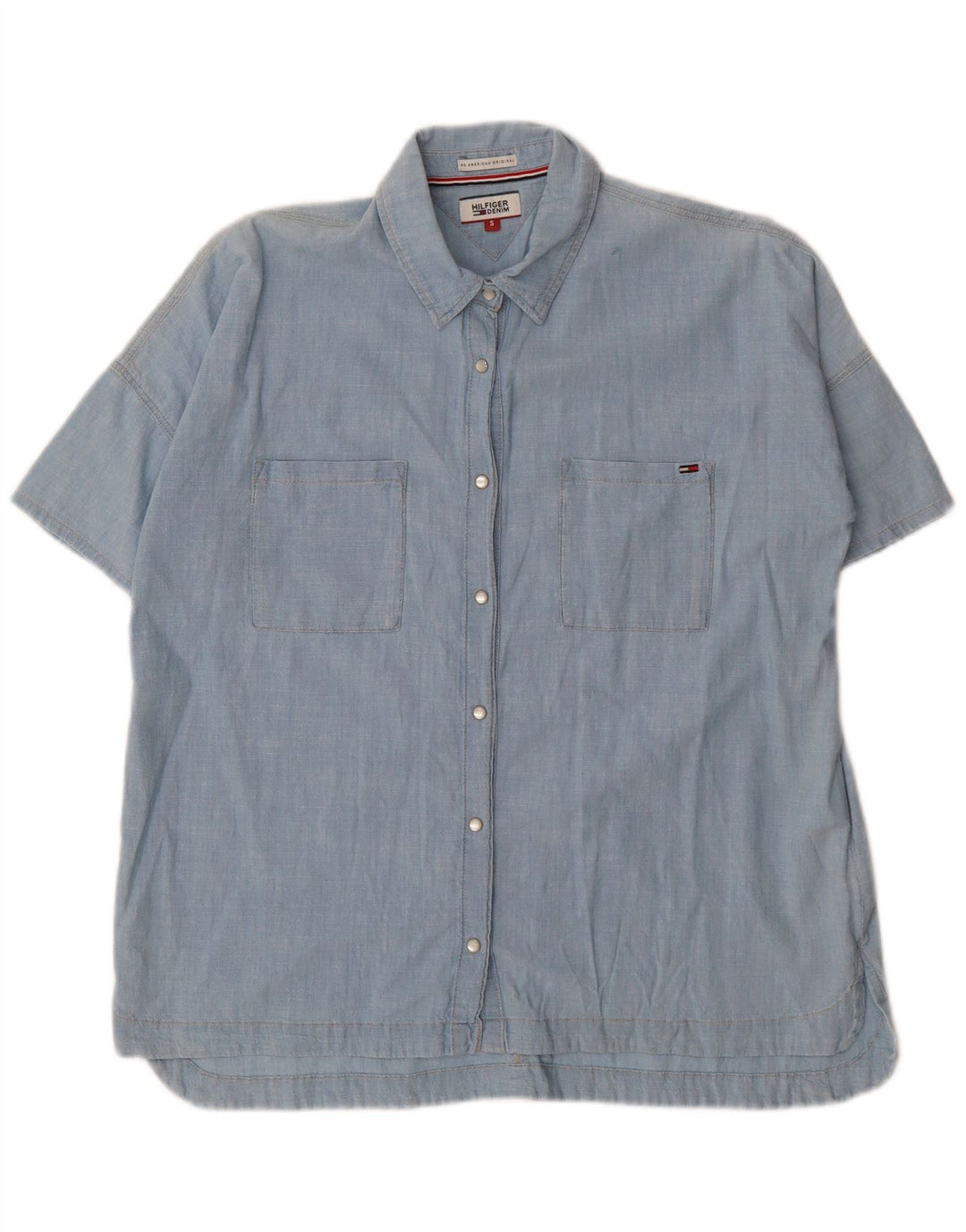 TOMMY HILFIGER Womens Oversized Short Sleeve Denim Shirt UK 10 Small Blue