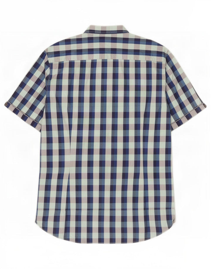 Ted Baker Herre kortærmet skjorte størrelse 4 Large Blue Gingham Cotton