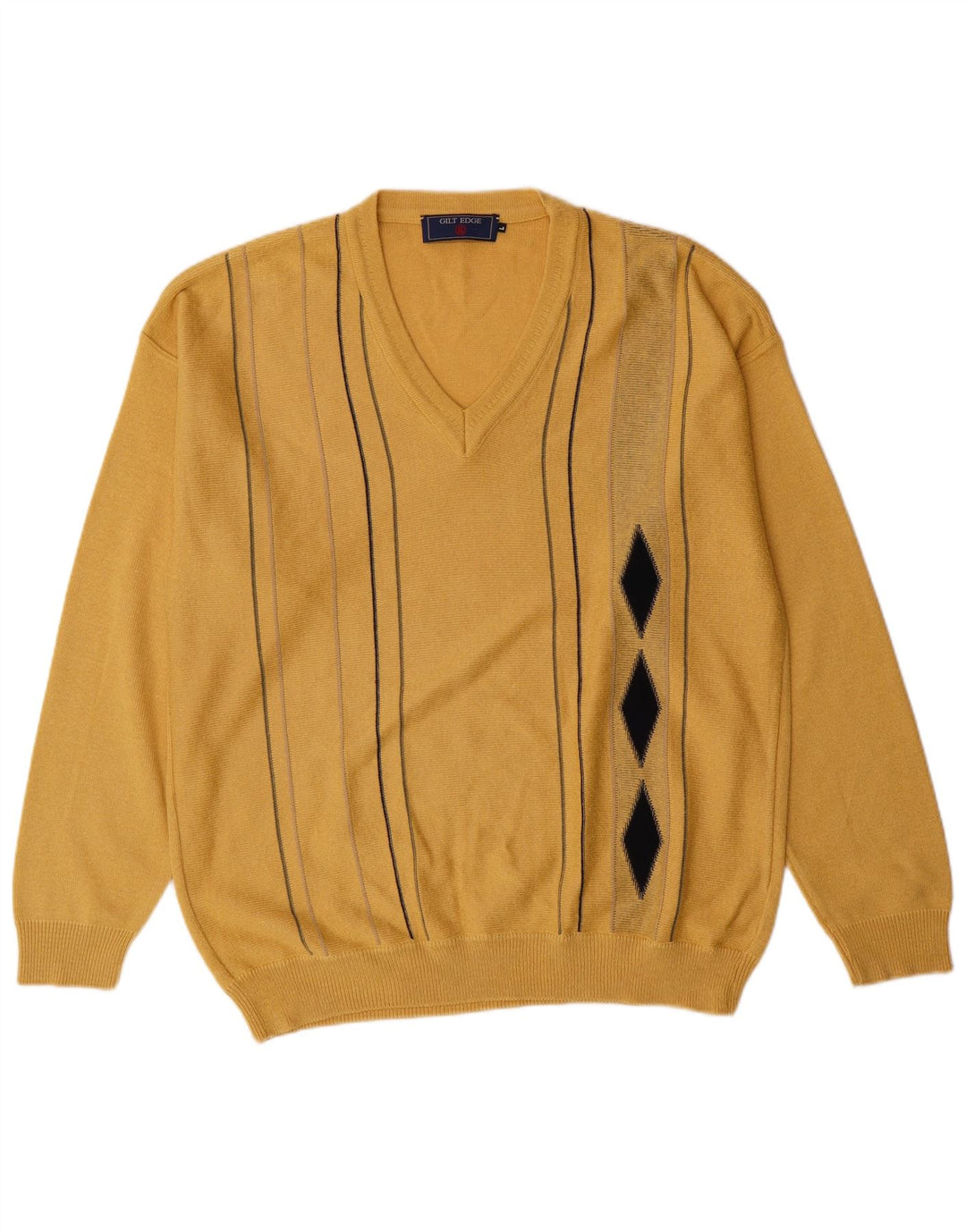 VINTAGE Mens V-Neck Jumper Sweater Large Yellow Argyle/Diamond Acrylic