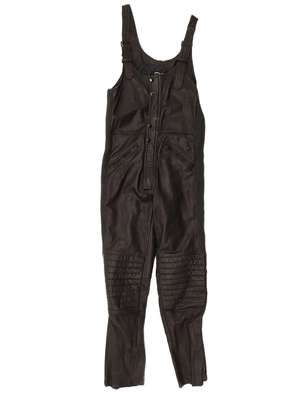 VINTAGE Dame Ærmeløs Læder Jumpsuit UK 12 Medium Sort Læder