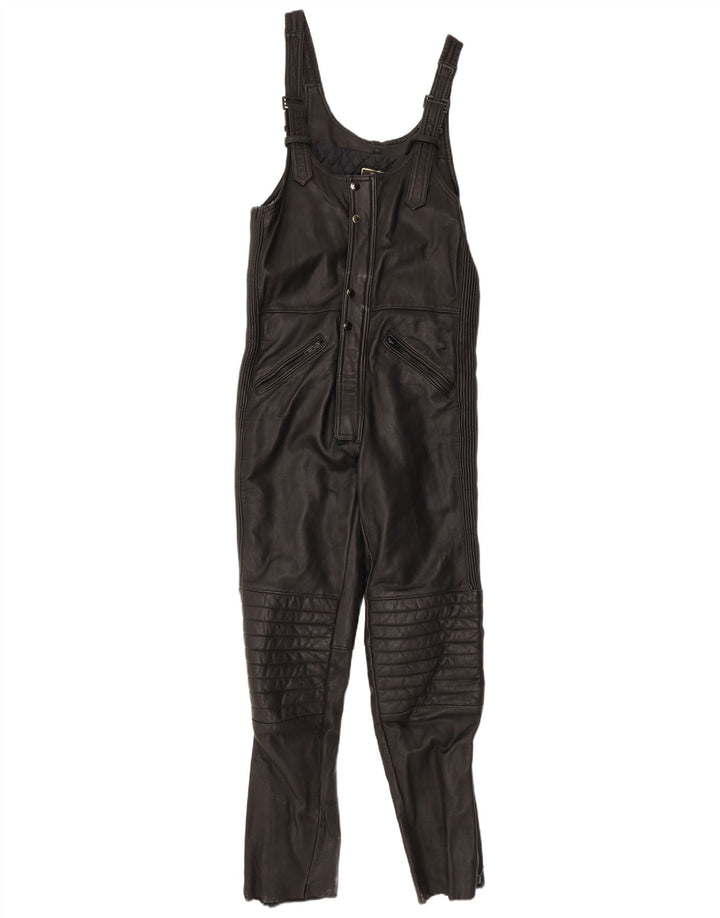 VINTAGE Dame Ærmeløs Læder Jumpsuit UK 12 Medium Sort Læder