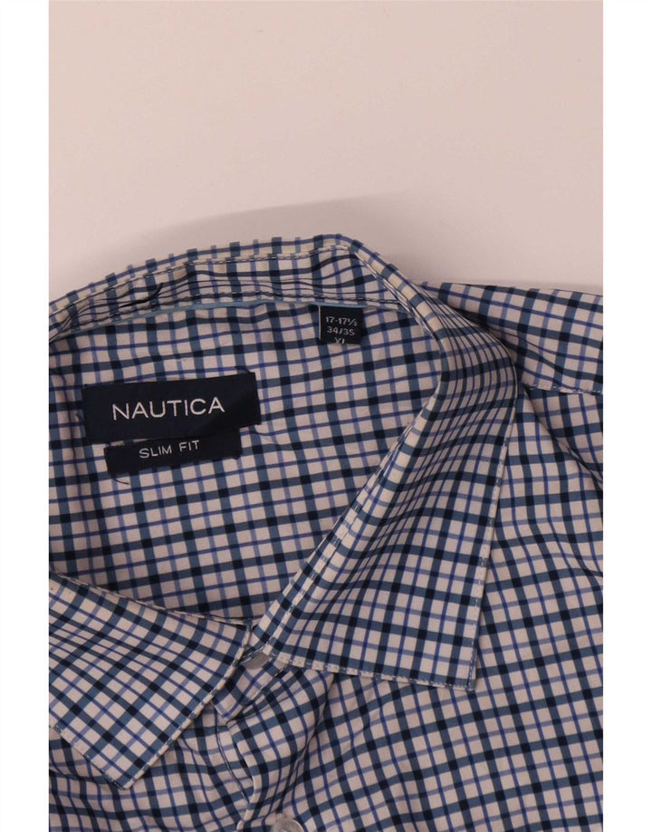 Nautica herre Slim Fit skjorte str. 17 1/2 XL blå ternet polyester