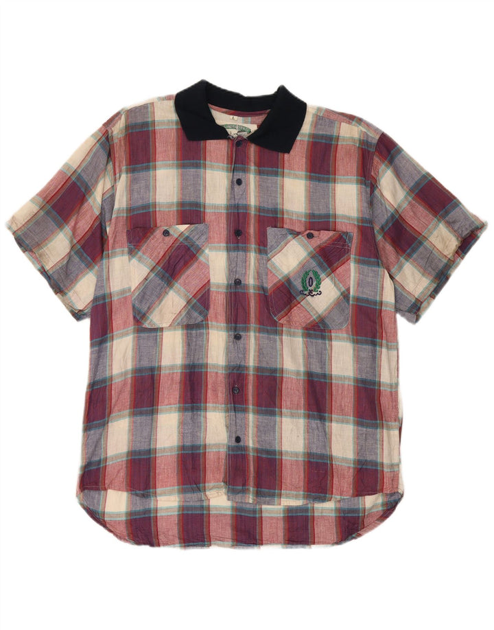 Vintage kortærmet herreskjorte Stor flerfarvet ternet bomuld