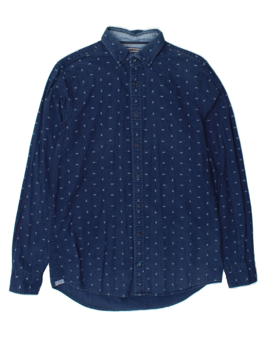 TOMMY HILFIGER Mens Indigo Shirt Medium Navy Blue Paisley Cotton Vintage Tommy Hilfiger and Second-Hand Tommy Hilfiger from Messina Hembry 