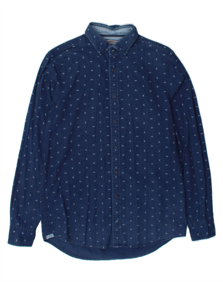 TOMMY HILFIGER Mens Indigo Shirt Medium Navy Blue Paisley Cotton Vintage Tommy Hilfiger and Second-Hand Tommy Hilfiger from Messina Hembry 