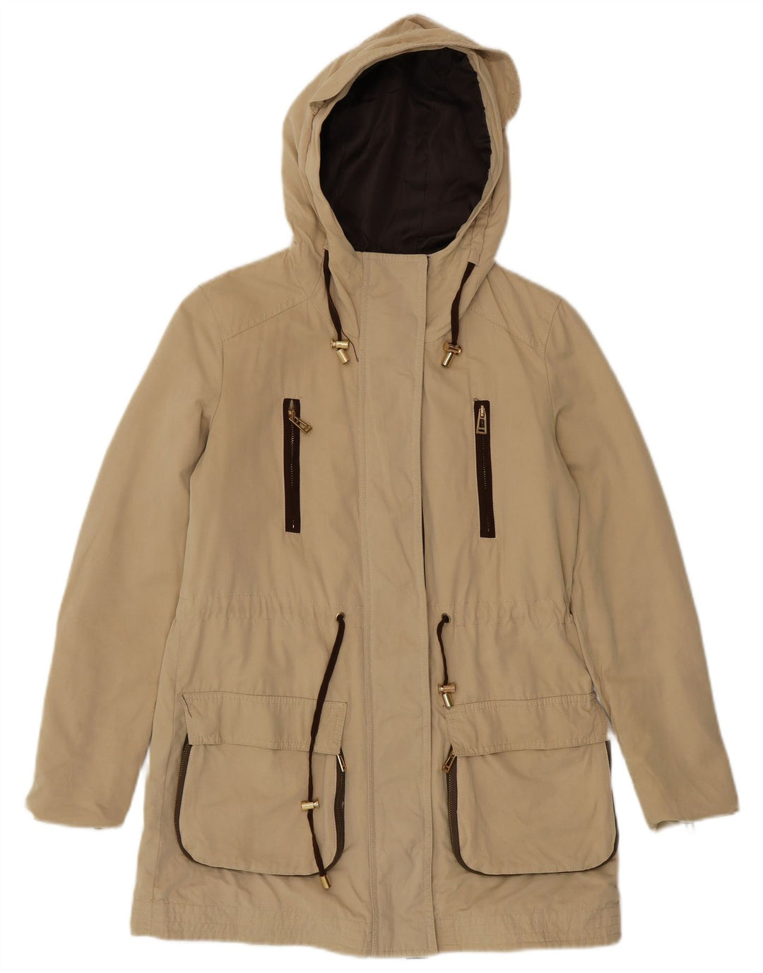 Zara Dame Hooded Parka Jacket UK 6 XS Beige Polyester