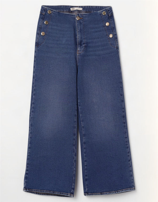 Zara Dame Jeans med høj talje og brede ben EU 42 Large W32 L27 Blå