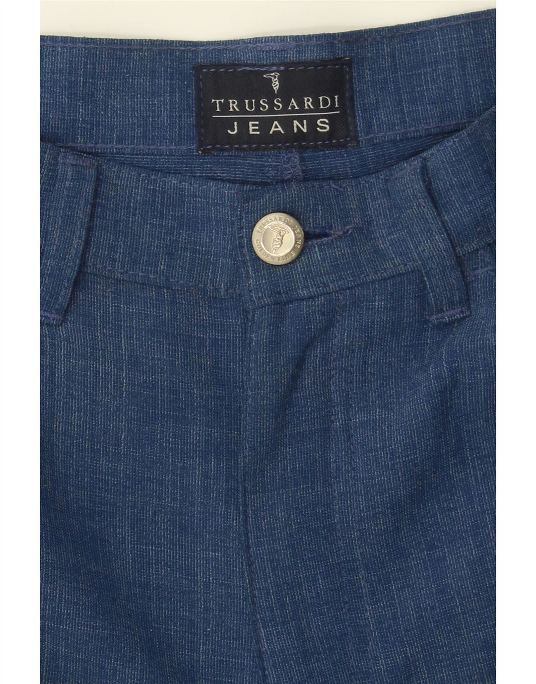 TRUSSARDI Womens Slim Casual Trousers W29 L28 Blue Check Polyester Vintage Trussardi and Second-Hand Trussardi from Messina Hembry 