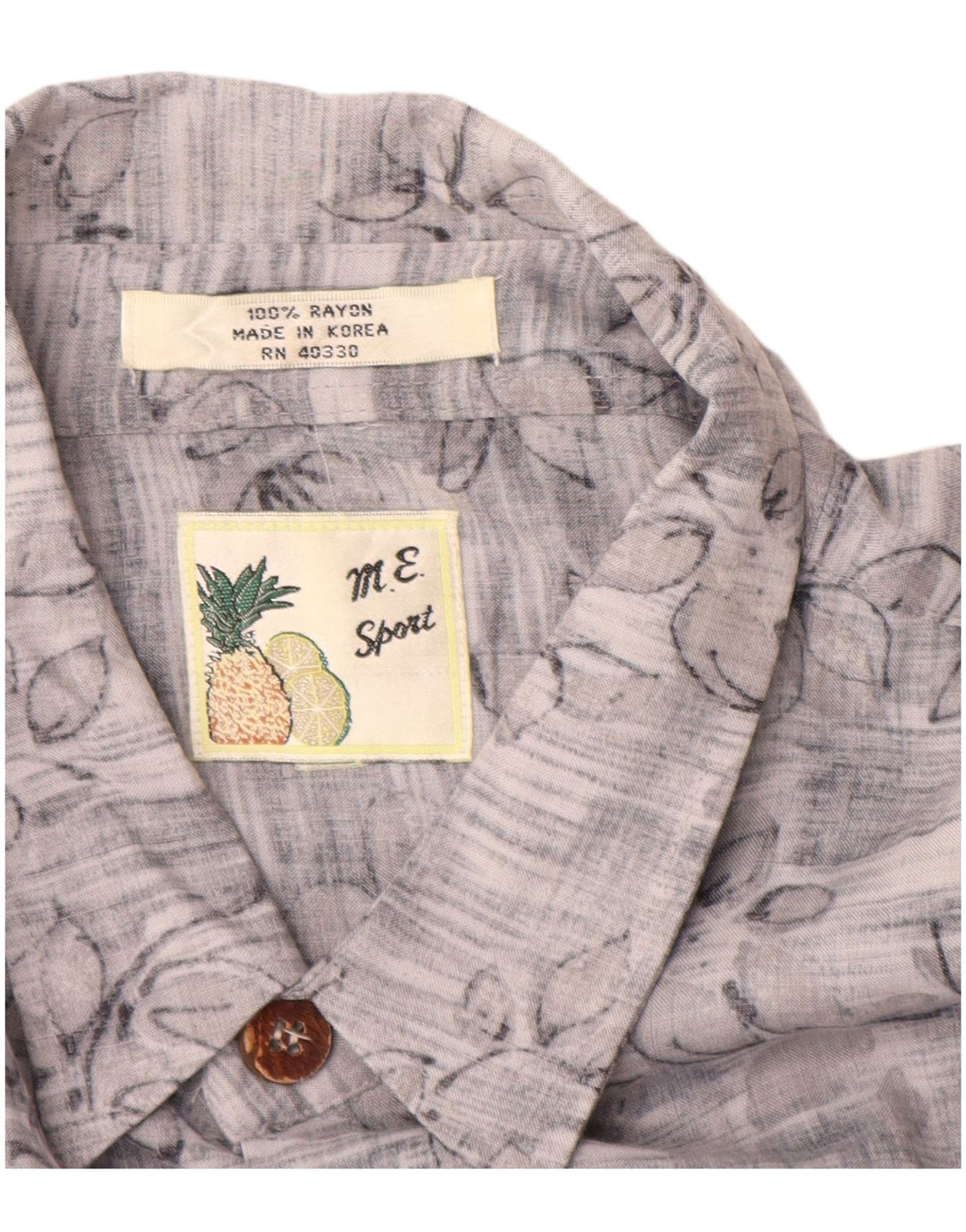 Vintage kortærmet herreskjorte XL Grå blomsterrayon