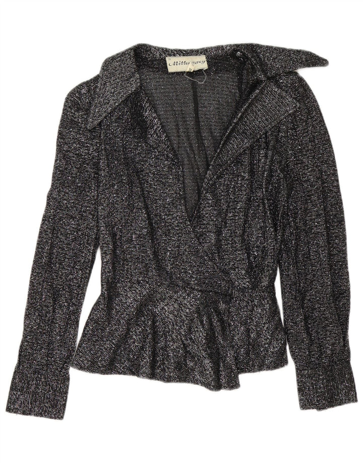 Vintage Dame Wrap Shirt Bluse EU 38 Medium Black Flecked