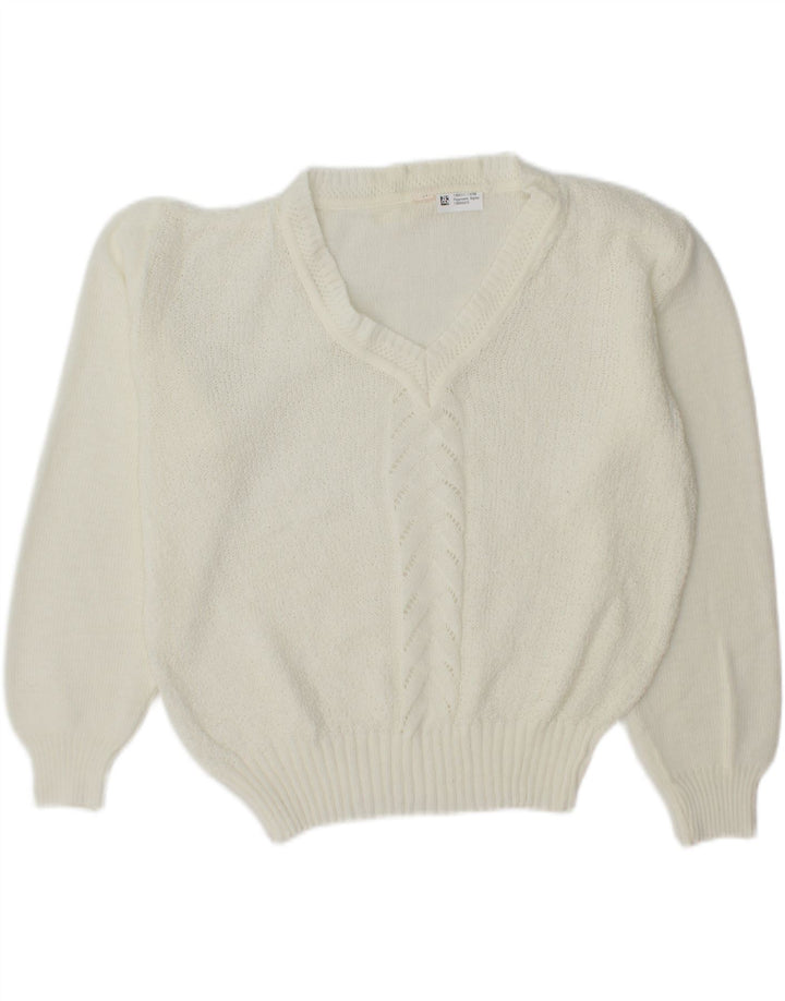 VINTAGE Womens V-Neck Jumper Sweater UK 16 Large White Vintage Vintage and Second-Hand Vintage from Messina Hembry 