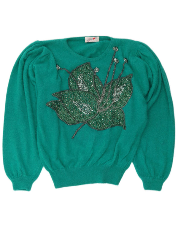 Vintage kvinders grafisk rund hals sweater UK 14 Medium Green Floral