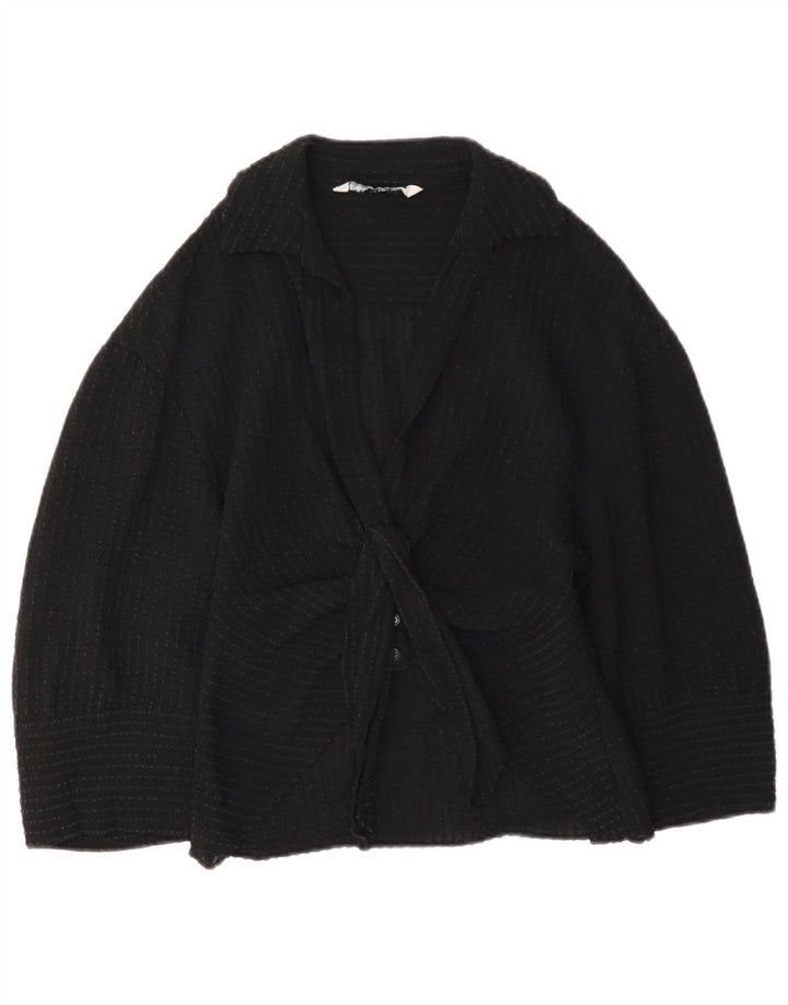 Zara damebluse med 3/4 ærmer foran med bindebånd UK 12 Medium Sort viskose