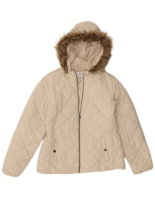 Marks & Spencer quiltet jakke med hætte til kvinder UK 12 Medium White Polyester
