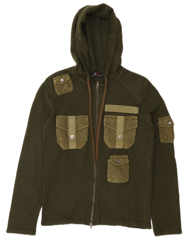 Iceberg Dame Hooded Cardigan Sweater UK 14 Medium Khaki Wool