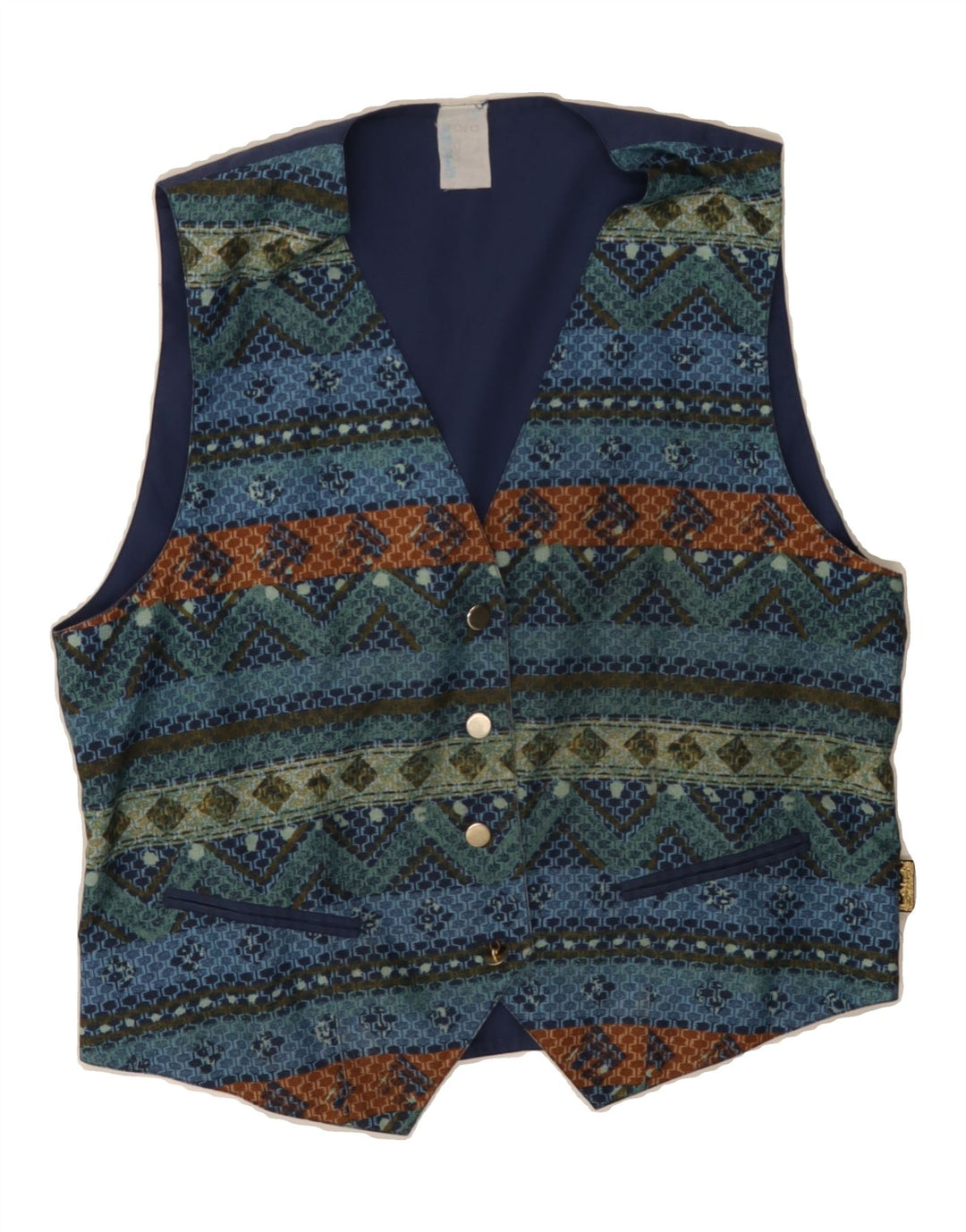 VINTAGE Womens Waistcoat UK 14 Medium Navy Blue Geometric Cotton Vintage Vintage and Second-Hand Vintage from Messina Hembry 