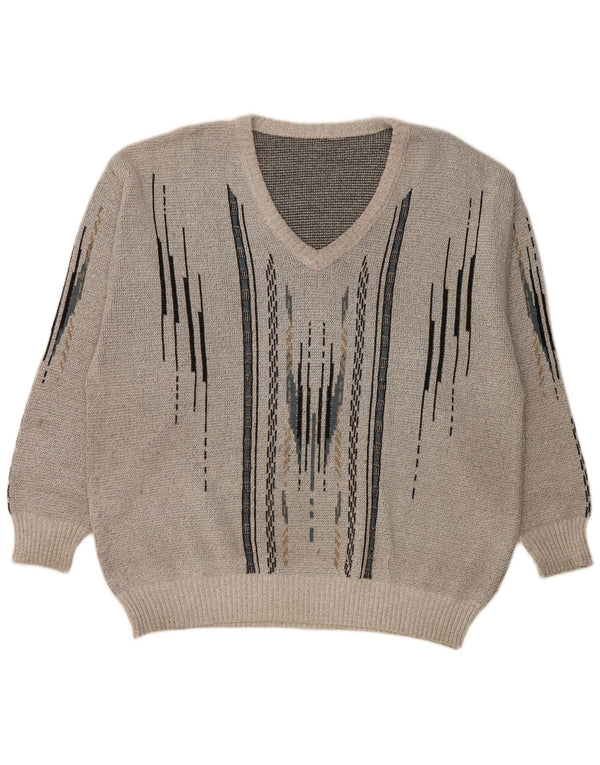 VINTAGE Herre V-hals sweater Stor Grå Geometrisk