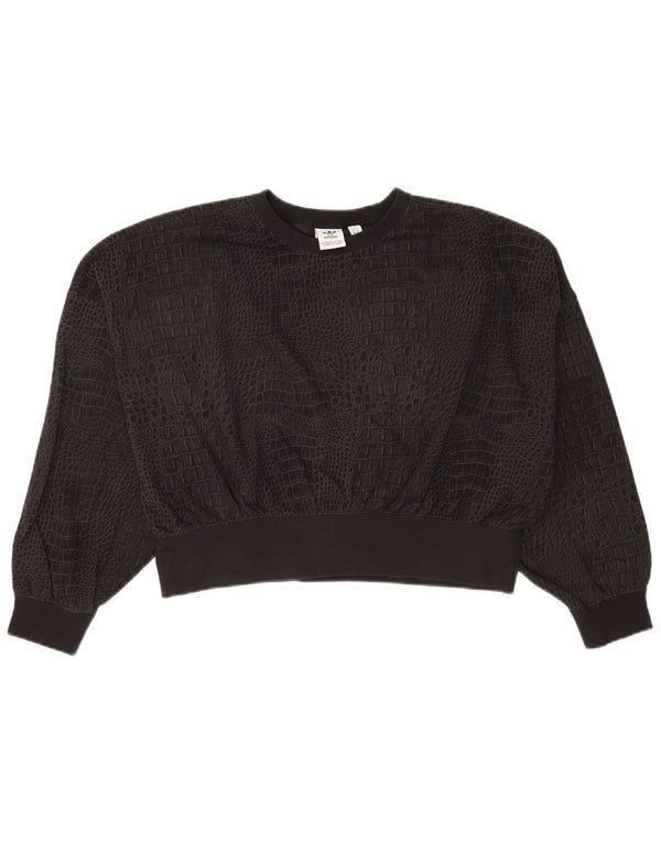 Adidas Womens Crop Sweatshirt Jumper UK 10 Small Black Animal Print Modern