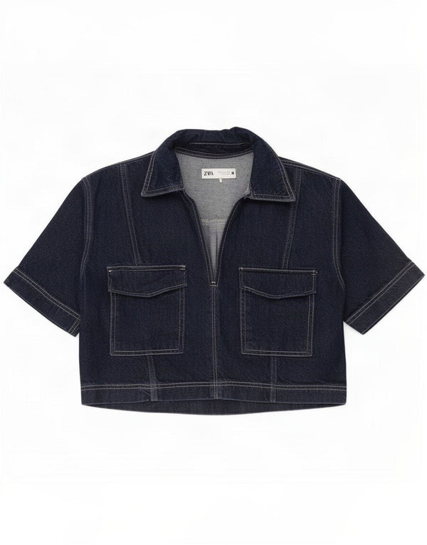 Zara Womens Crop Denim Polo Shirt UK 16 Large Navy Blue Cotton