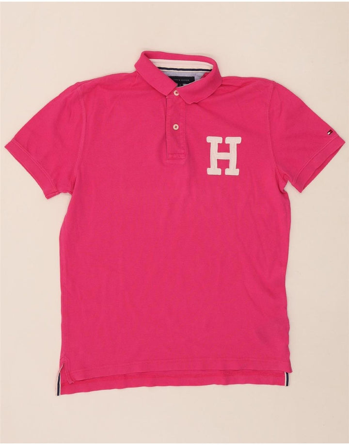 TOMMY HILFIGER Mens Graphic Polo Shirt Medium Pink Cotton Vintage Tommy Hilfiger and Second-Hand Tommy Hilfiger from Messina Hembry 