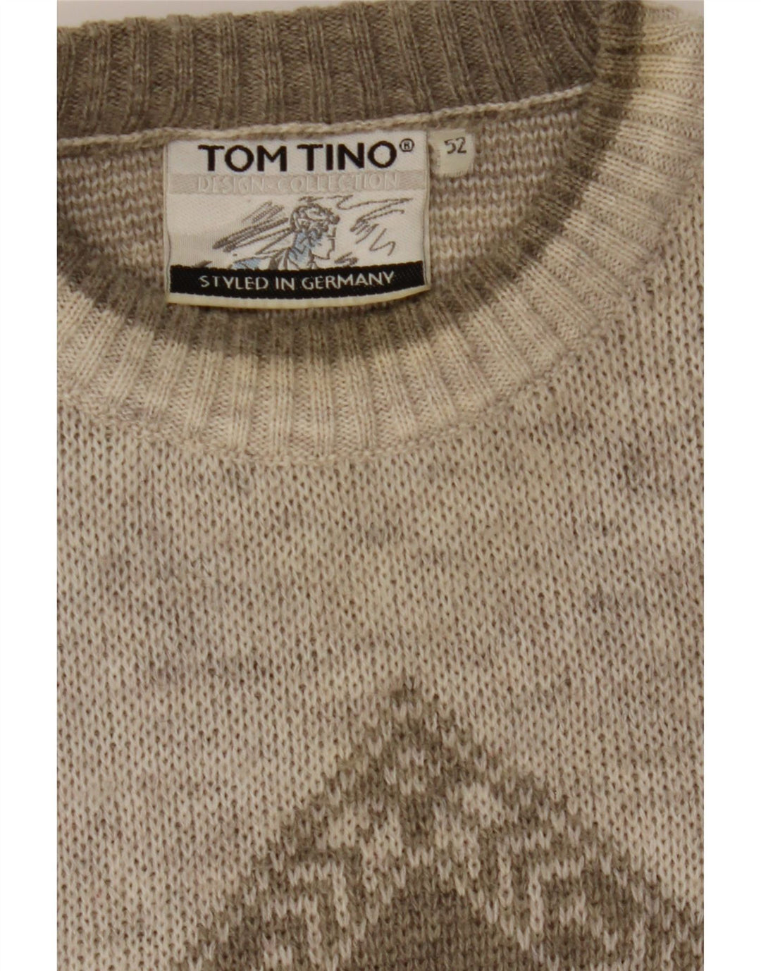TOM TINO Mens Crew Neck Jumper Sweater IT 52 Large Beige Argyle/Diamond Vintage Tom Tino and Second-Hand Tom Tino from Messina Hembry 