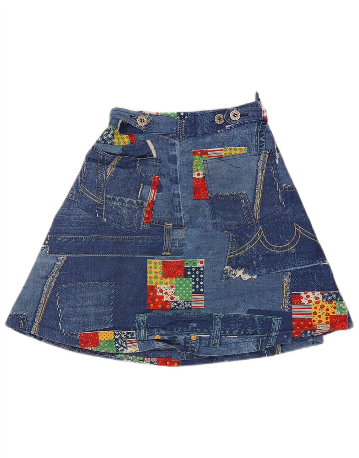 Vintage denim slå-om-nederdel til kvinder W24 XS blå patchwork
