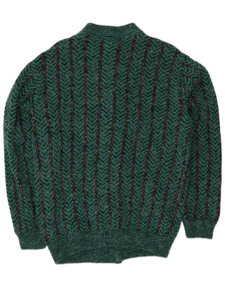 Vintage Herre Regular Fit Cardigan Sweater Medium Grøn Chevron Akryl
