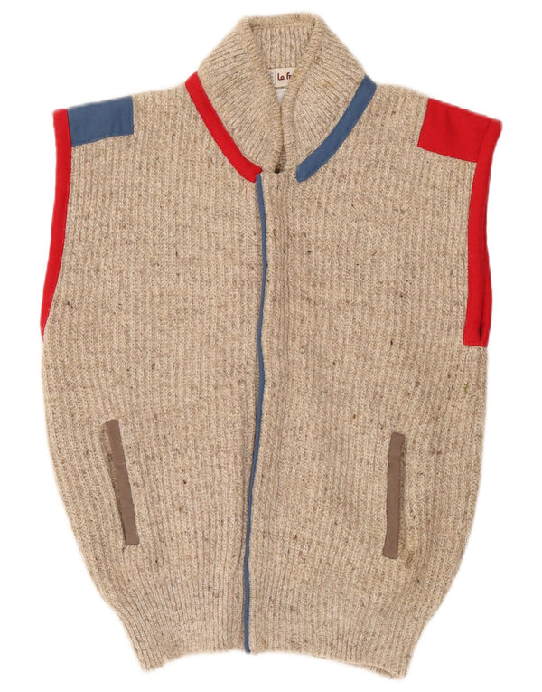 Vintage herre ærmeløs cardigan sweater Medium Beige Colourblock Akryl